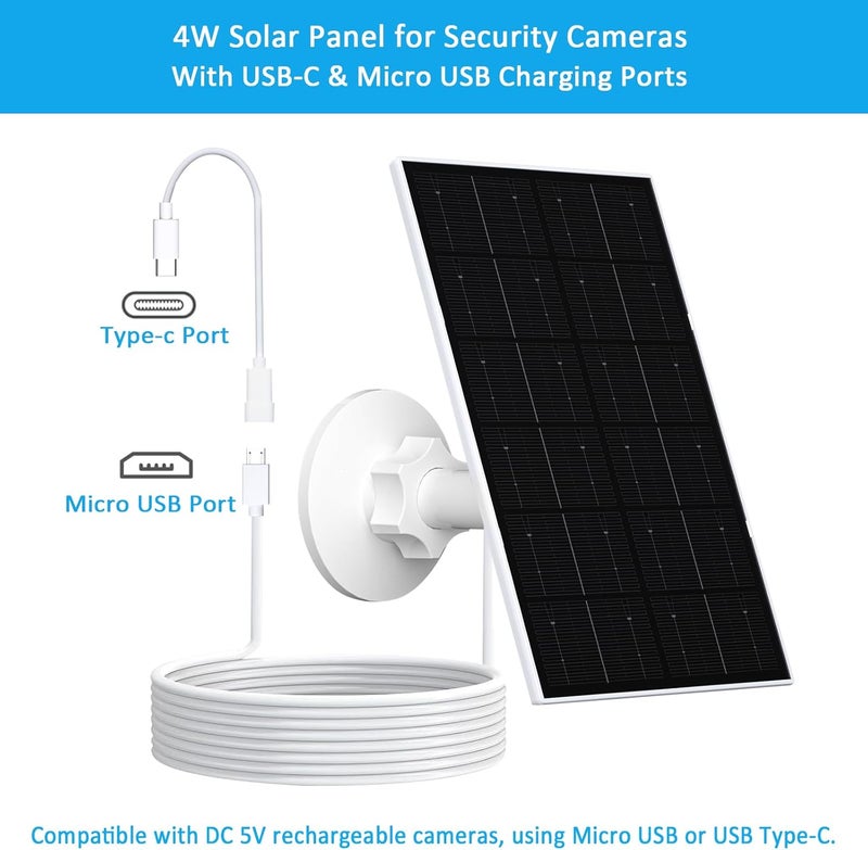 VUEBEE 4W Solar Panel for Security Camera, USB-C/Micro USB Solar Charger for Rechargeable Battery Cameras, IP66 Waterproof, 360° Adjustable Mount, 9.8FT/3M Cable, 2 Pack - Image 3